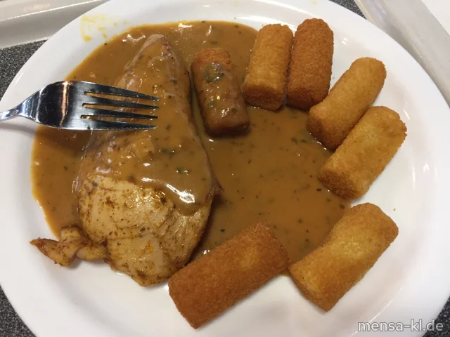 Truthahnfilet (Gl,G) mit Kräuter-Rahmsoße (Gl,La,Sf), Kroketten (Gl) und Salat
