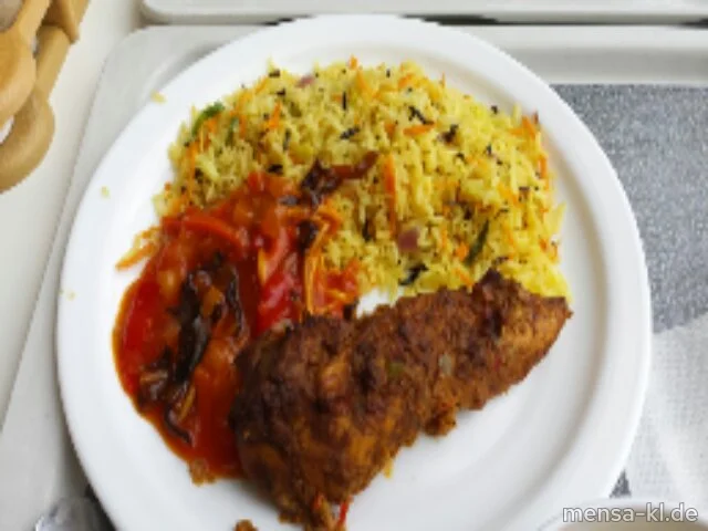 Truthahnbrustfilet (G,Lfrei) süß-sauer (1,Lfrei), bunter Reis (Lfrei) und Chinakohlsalat (Lfrei)