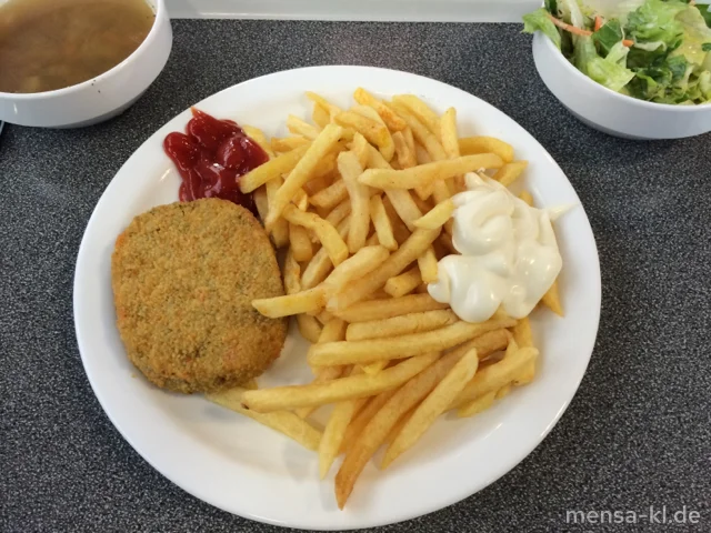 Gemüsekrustie (1,2,3,V,Lfrei,V+) mit Pommes frites (V,Lfrei,V+) und Salat (V,Lfrei,V+) | Laktosefrei | Vegan