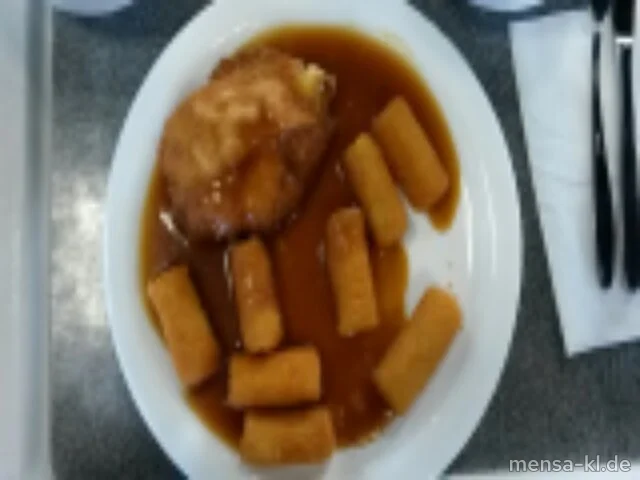 Hähnchen-Cordon-bleu mit Truthahnschinken und Käse gefüllt (1,2,Gl,La,G), Bratensoße (Gl,Sf), Kroketten (Gl) und Salat (1,5,Sw)