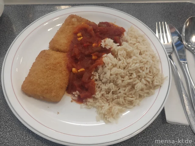 Gebackener griechischer Hirtenkäse (Gl,La) mit Pusztasoße (9,Sl), Reis und Salat