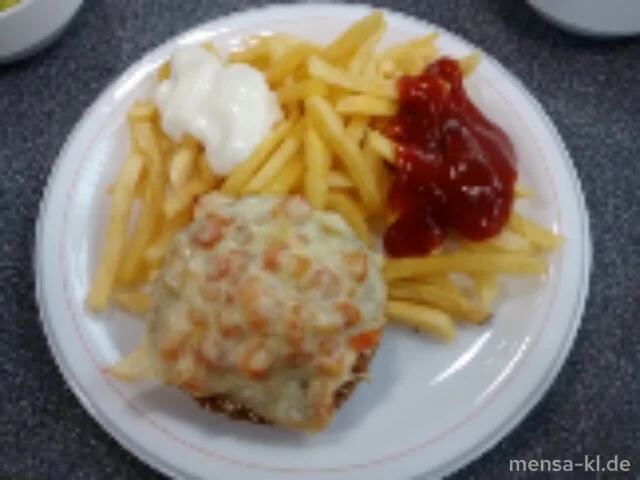 Vollkorn-Pilz-Bratling mit Tomate, Zwiebeln und Käse überbacken (1,2,V), Pommes frites (V) und Salat (V)