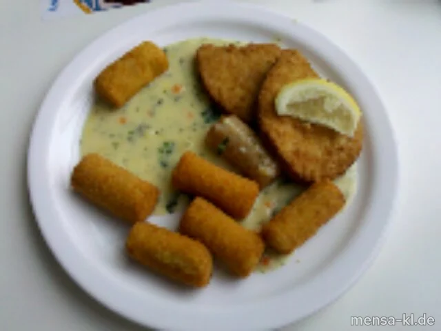 Schnitzel "Valess" (V) mit Bärlauchsoße (V), Kroketten (1,V) und Salat (V)