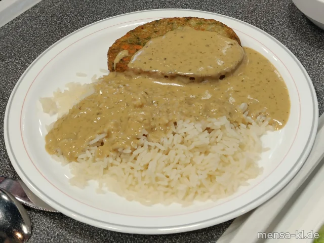 Gemüsekrustie (Gl,Ei,La,Sl,V) mit Kräuter-Rahmsoße (Gl,La,Sf,V), Reis (V) und Salat (V)