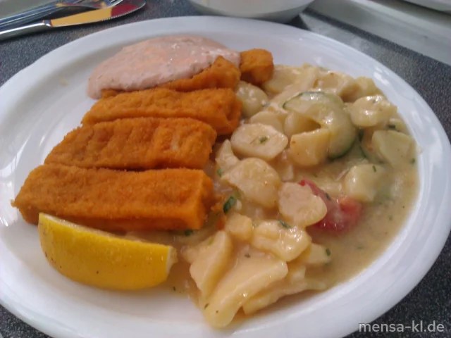Fischstäbchen mit Cocktail-Dip (1), bunter Kartoffelsalat (1) und Salat
