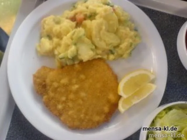 Paniertes Schnitzel (S) mit buntem Kartoffelsalat (1) und Salat