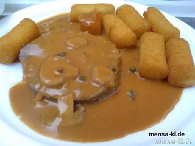 Brasilianischer Pfefferbraten (S), Kroketten (1) und Salat