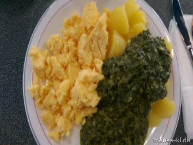 Rührei (Ei,V) mit Dampfkartoffeln (5,Sw,V) und Rahmspinat (1,Gl,La,V)