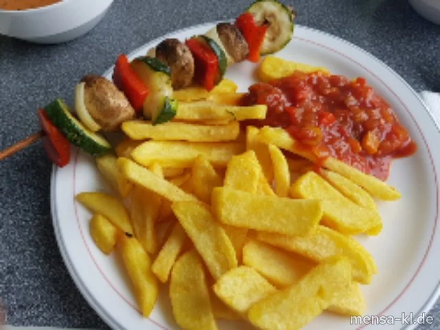 Gemüsespieß mit Mexikana-Salsa (V), Steakhouse-Fries (V) und Weißkrautsalat "Coleslaw" (1,5,9,Gl,Ei,La,Sw,Sf,V)