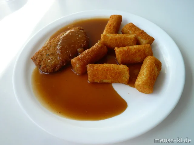 "Valess"-Schnitzel "Toscana" (1,Gl,Ei,La,Sl,V), Bratensoße (Gl,Sf,V), Kroketten (Gl,V) und Salat (1,5,Sw,V)