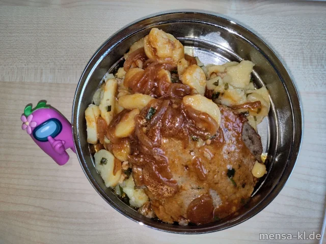 BIO-Frikadelle (Gl,Ei,R,S) mit Schmorzwiebeln, dazu Pfälzer Kartoffelsalat mit BIO-Speck (1,5,Sw,Sf,S)