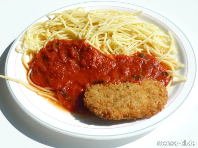 "Valess"-Schnitzel "Toskana" (1,Gl,Ei,La,Sl,V), Spaghetti (1,Gl,V), Tomaten-Basilikumsoße (V) und Salat (V)