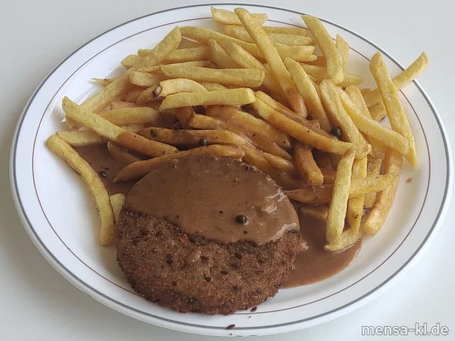 Pilzbratling (Gl,Ei,La,Sl,Se,V) mit Pfefferrahmsoße (La,V), Pommes frites (V) und Salat (V)