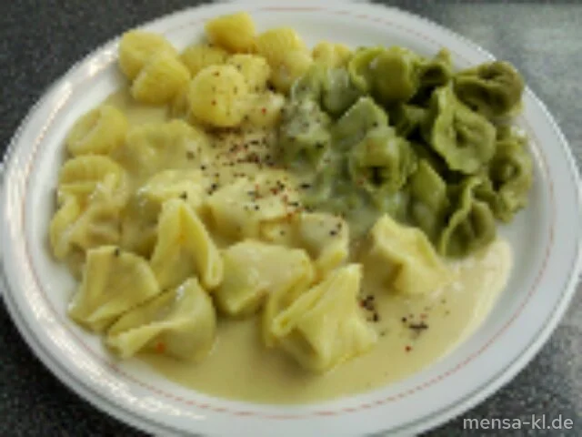 "Combinazione": Fagottini (V), Tortellini (V) und Gnocchi (V), bunter-Pfeffer-Soße (V) und Salat (V)
