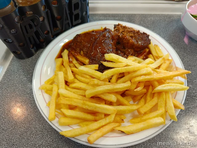 Winzerknorze (5,Sw,Sl,Sf,A,S) mit Biersoße (1,Gl,A) und Pommes frites, dazu einen Beilagensalat nach Wahl