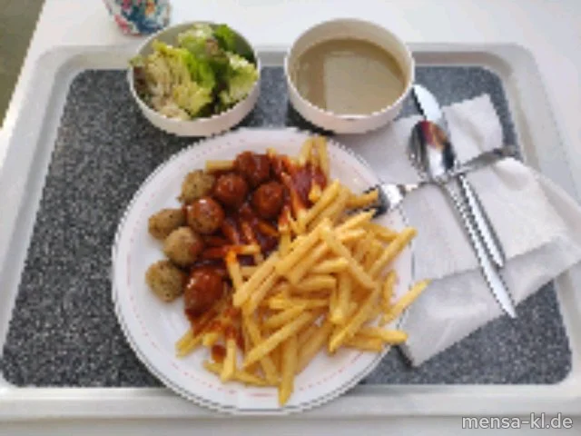 Falafel (1,Gl,Sl,V) in Currysoße (La,Sf,V), Pommes frites (V) und Salat (V)