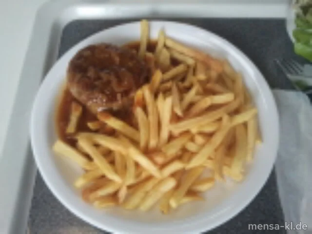 Frikadelle (R,S) mit Zwiebelsoße, Pommes-Frites und Salat