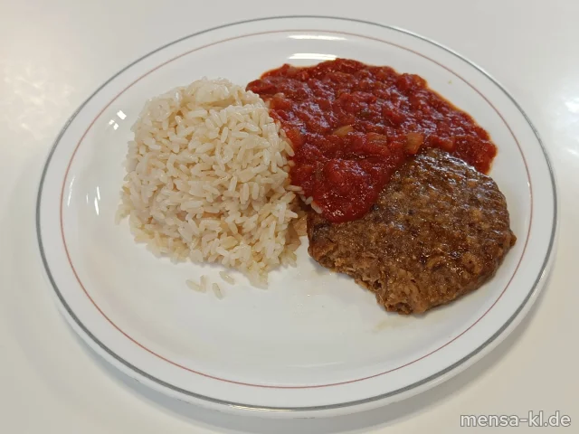 Protein-Steak (Gl) mit Pusztasoße (9,Sl), Reis und Salat