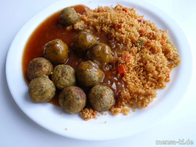 Falafel (1,Gl,Sl,V,V+) mit Zwiebel-Granatapfelsoße (1,Gl,V,V+), Couscous (Gl,Sl,V,V+) und Salat (V,V+) | Vegan