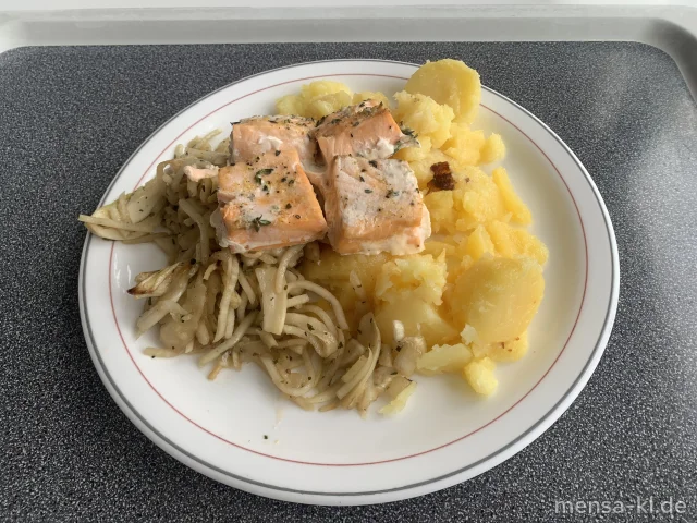 Ofen Fenchel-Kohlrabi in Kräutermarinade mit Thymian-Lachs (Fi), Dampfkartoffeln (5,La,Sw) und Salat