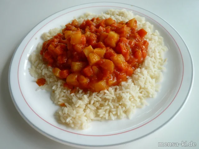 Indisches Curry mit Kartoffeln und (Gl,La,Sf,Se,V), dazu Reis (V) und Salat (V)
