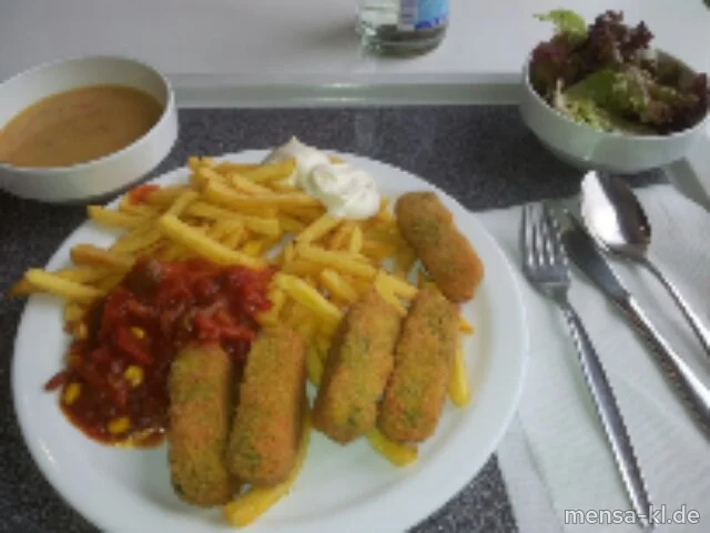 Gemüsekroketten (1,2,3,V,Lfrei,V+) mit Pusztasoße (9,V,Lfrei,V+), Pommes frites (V,Lfrei,V+) und Salat (V,Lfrei,V+) | Laktosefrei | Vegan