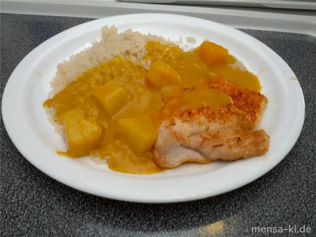 Truthahnsteak (G) mit Curry-Früchtesoße und Reis