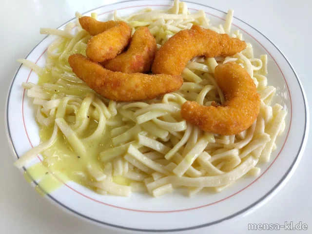Vegane Shrimps in knuspriger Zitronenpanande (1,Gl,So) mit Limetten-Soße (1,2,Gl), Tagliatelle (Gl) und Blattsalat mit Wildkräutern