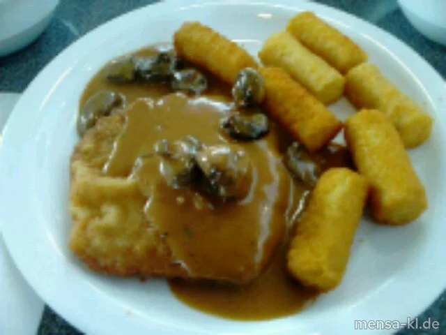 Paniertes Schnitzel (S) mit Champignon-Rahmsoße (3), Kroketten (1) und Salat