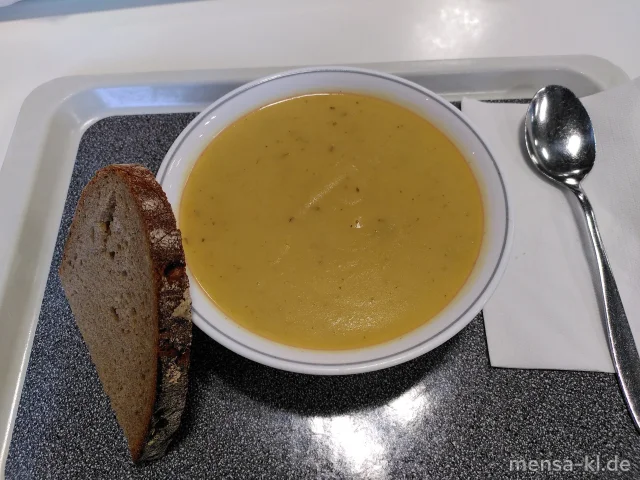 Vegane Kartoffelsuppe (1,5,Sw,Sl,Sf,So) zusätzlich 1,90 € mit Wiener Würstchen (2,3,8,S) oder Rindswurst (1,2,3,8,9,Sf,R,L), dazu eine Scheibe Bauernbrot (Gl)