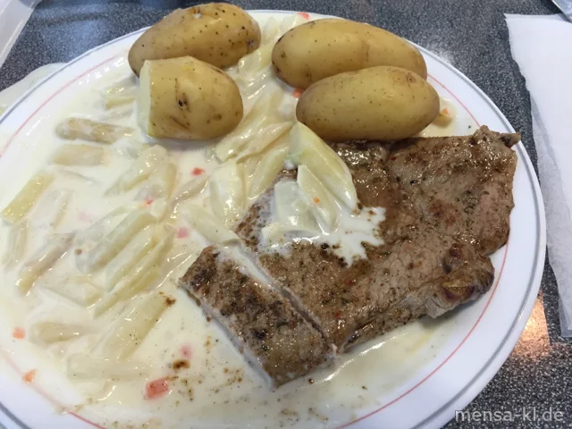 Kalbsschnitzel (K) mit Spargelragout (5,Ei,La,Sw,Sl,A) und neuen Kartoffeln