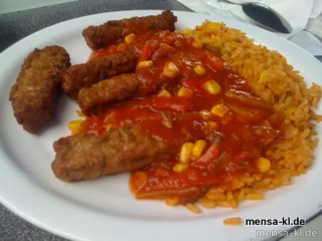 Cevapcici (S) mit Pusztasoße (9), Djuvec-Reis und Salat