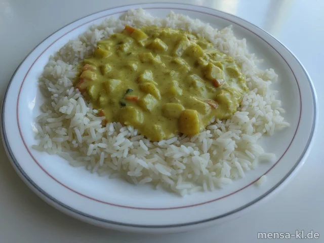 Indisches Curry mit Kartoffeln und Gemüse (Sf), dazu Reis und Salat