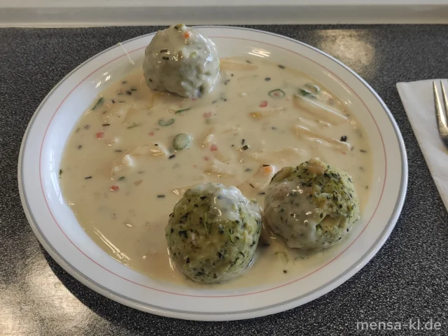 Spinatknödel (Gl,Ei,La,Sl) mit Kartoffel-Käse-Soße (Gl,La,Sl)