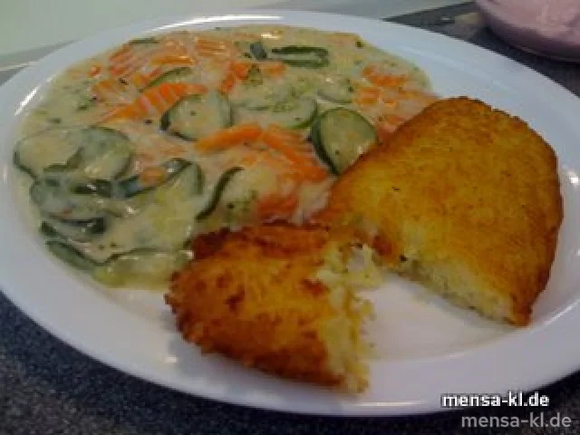 Frisches Kaisergemüse, Kartoffel-Cordon-bleu (V) mit Frischkäse und Kräutern gefüllt und Salat