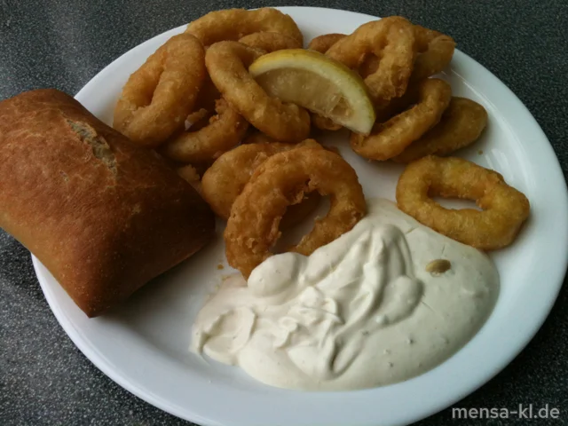 Gebackene Calamaresringe (F) mit Limonen-Dip (1) und Ciabatta