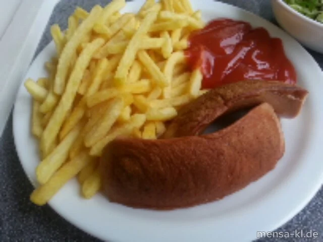 Grill-Lyoner (2,3,4,8,R,S,Lfrei) mit Pommes frites (Lfrei)