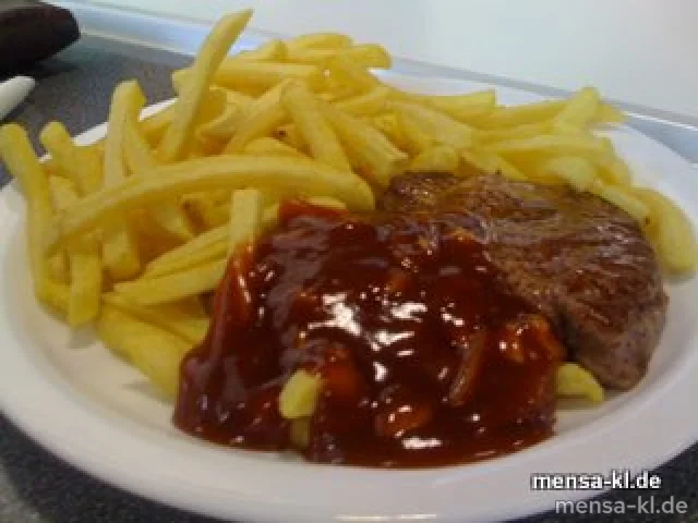 Schweinekammsteak mit Barbecue-Dip (1) und Pommes-Frites
