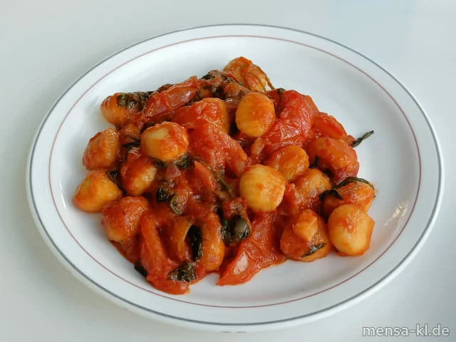 Gnocchi-Tomaten-Pfanne mit frischem Spinat (Gl), dazu Zucchini-Karottensalat (1,5,Sw,Sf)