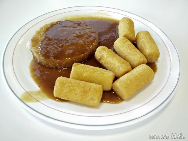 Blumenkohl-Käse-Medaillon (Gl,Ei,La,V), Bratensoße (V), Kroketten (Gl,V) und Salat (V)