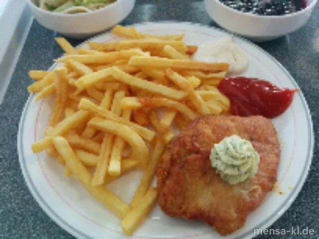Truthahnsteak (Gl,G) mit Kräuterbutter (La), Pommes frites und Salat