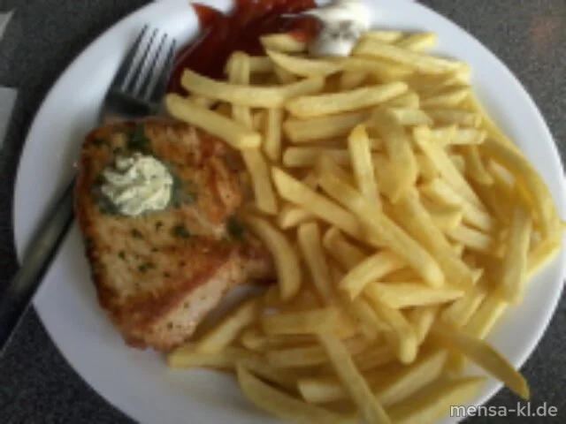 Truthahnsteak (G) mit Kräuterbutter und Pommes frites