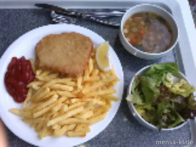 Paniertes Schweineschnitzel (S,Lfrei) mit Pommes frites (Lfrei) und Salat (Lfrei)