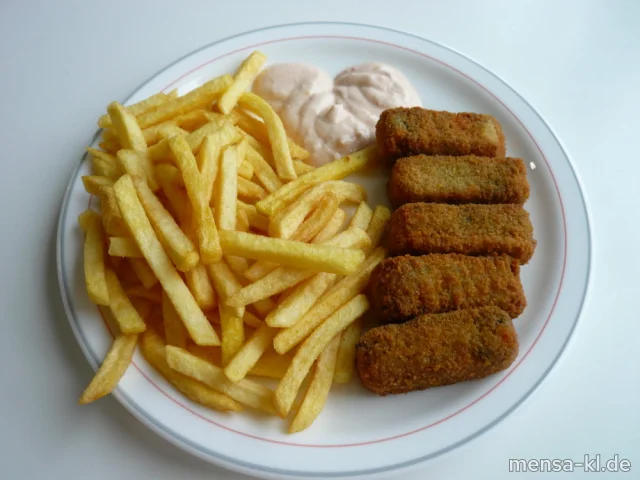 Gemüsestäbchen (Gl,Sl,V) mit Cocktail-Dip (9,Gl,Ei,La,Sl,So,V), Pommes frites (V) und Salat (V)