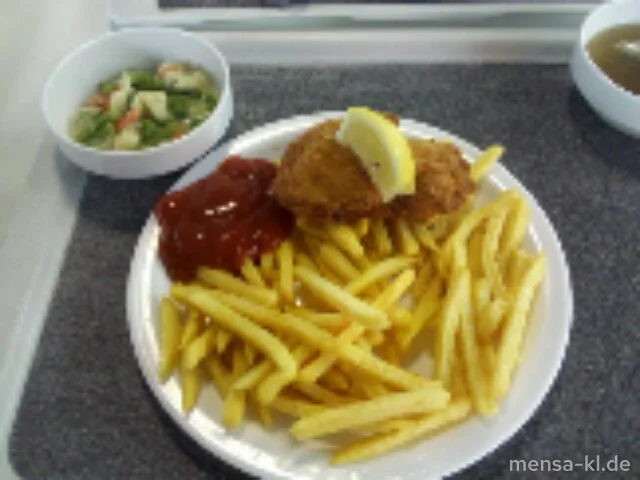 Hähnchen-Cordon bleu mit Truthahnschinken und Käse gefüllt (1,2,3,G), Pommes-Frites und Sommergemüse