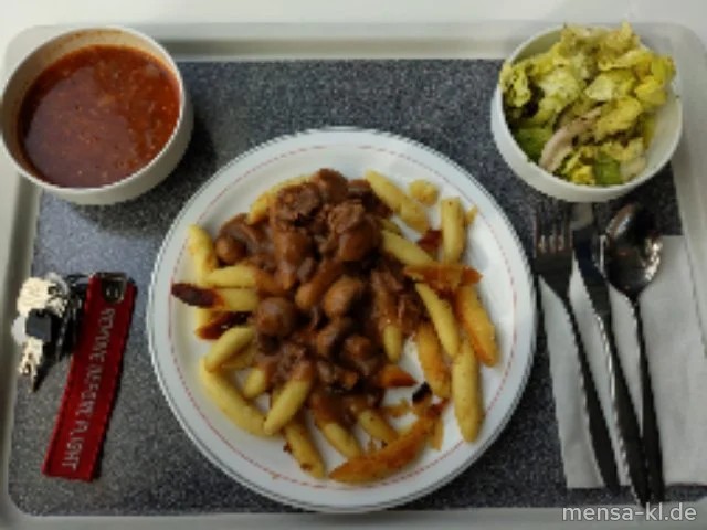 Walnuss-Champignon-Gulasch mit Schupfnudeln (1,Gl,Nu,So), dazu Salat