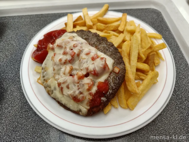 Rinderhacksteak mit Tomaten, Zwiebeln und Käse überbacken (La,Sf,R), dazu Pommes frites und Salat