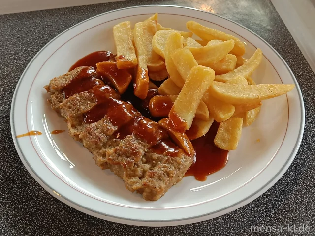 Big Rib - Schweinehacksteak (Gl,Ei,Sl,Sf,S) mit Barbecuesoße (1,Sl,Sf) und Steakhouse-Fries, dazu ein Beilagensalat nach Wahl