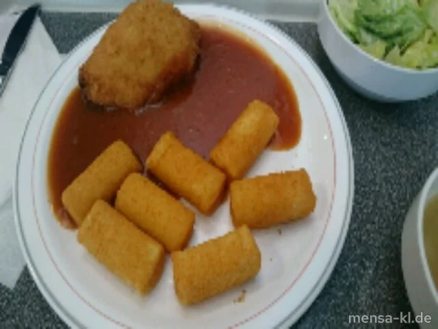 Hähnchen-Cordon bleu mit Truthahnschinken und Käse gefüllt (1,2,Gl,La,G), Bratensoße (Gl,Sf), Kroketten (Gl) und Salat