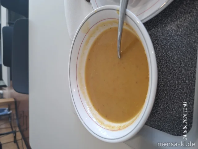 Vegane Gemüsecremesuppe (Gl,Sl), dazu eine Scheibe Brot (Gl)